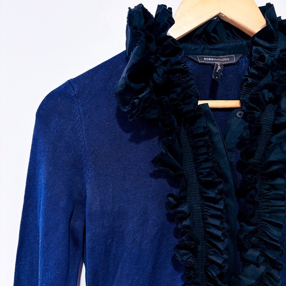 BCBGMAXAZRIA Navy Black Silk Ruffle Long Sleeve Dress | Small * - Picture 2 of 8